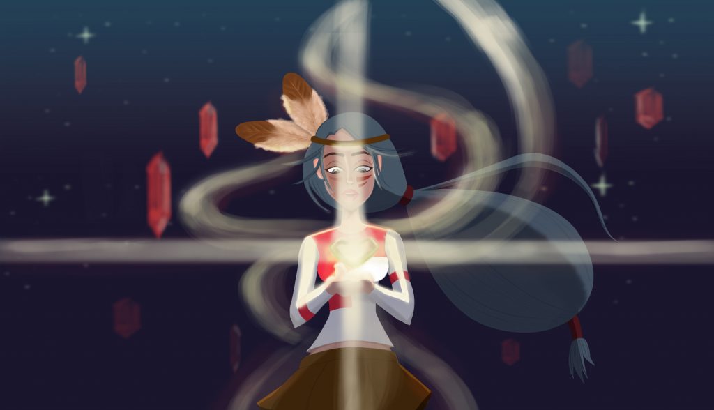 A digital painting by Diane Pascual, "Sacha and the Crystal". Sacha is holding a floating crystal in her palms and it lights her face with other crystals around her.